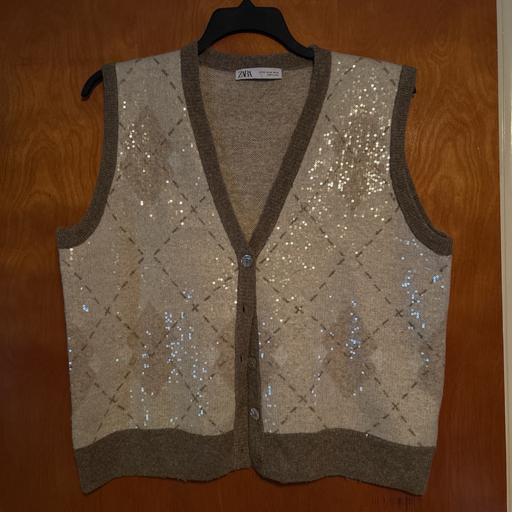 Zara Women's Brown and Cream Sequin Cardigan